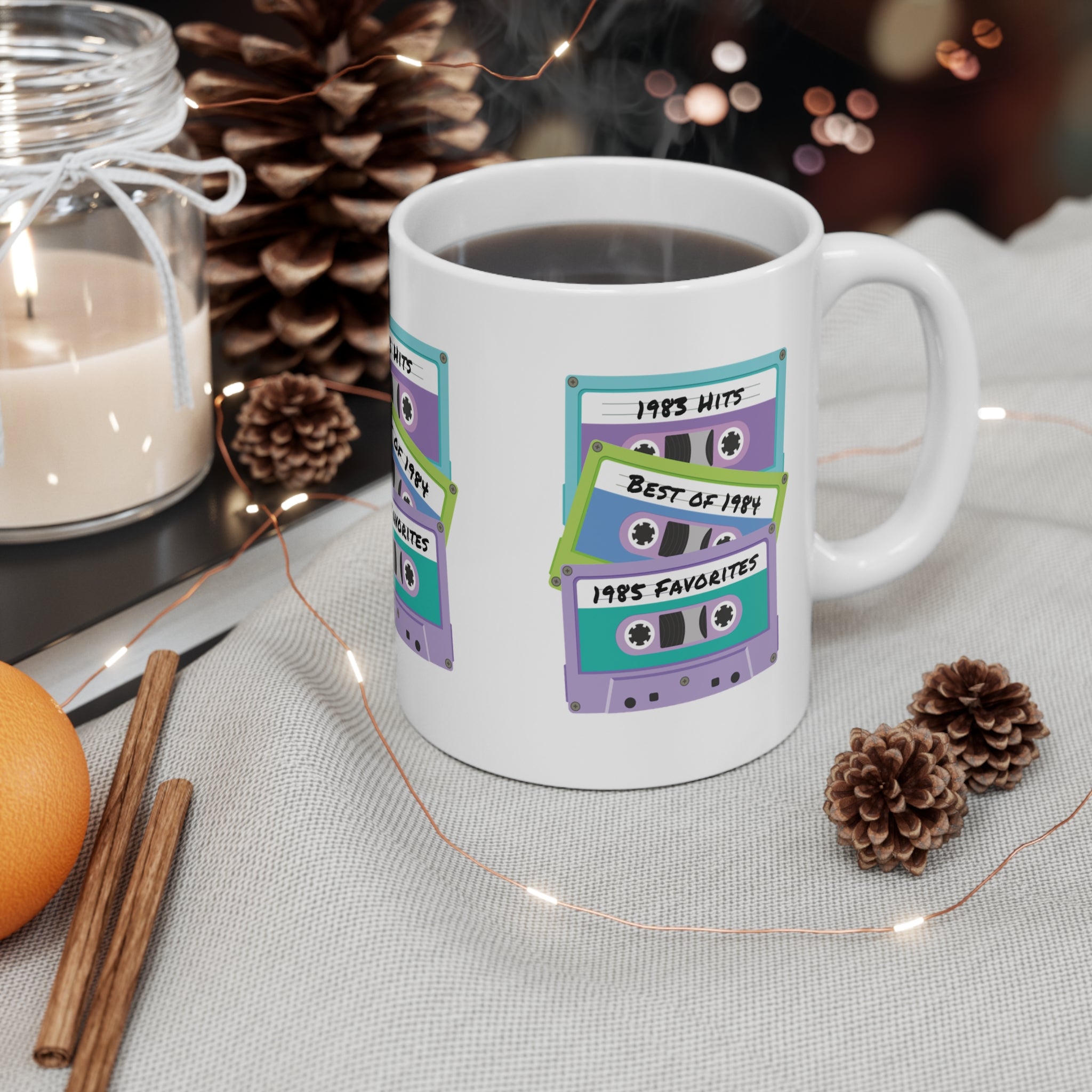 Cassette Tapes Mug; 1983, 1984, & 1985 Theme; Purple, Blue, & Green, 11oz