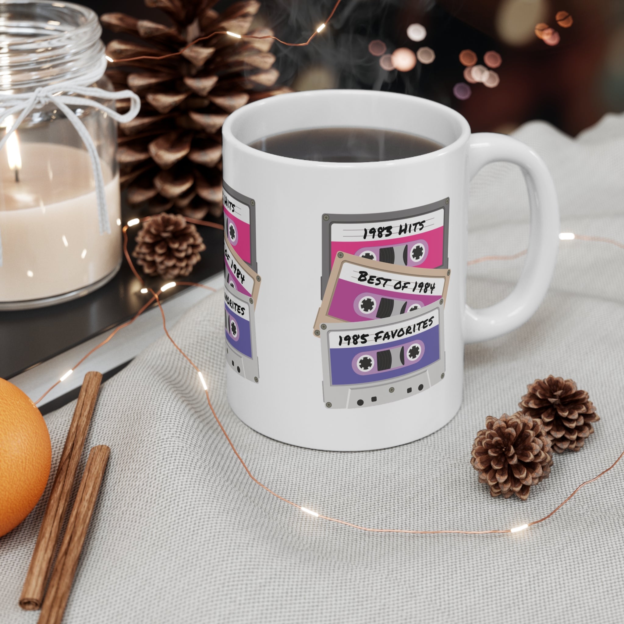 Cassette Tapes Mug; 1983, 1984, & 1985 Theme; Purple & Pink, 11oz