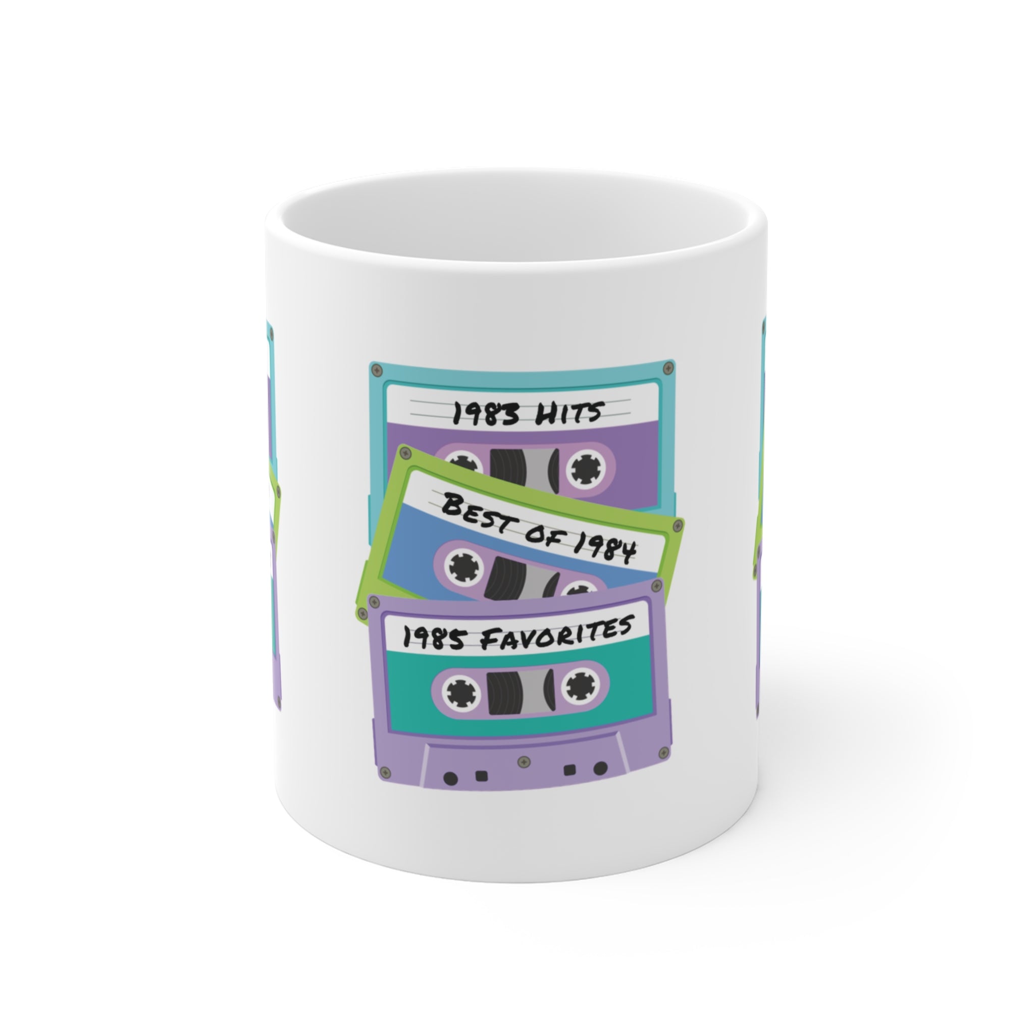 Cassette Tapes Mug; 1983, 1984, & 1985 Theme; Purple, Blue, & Green, 11oz