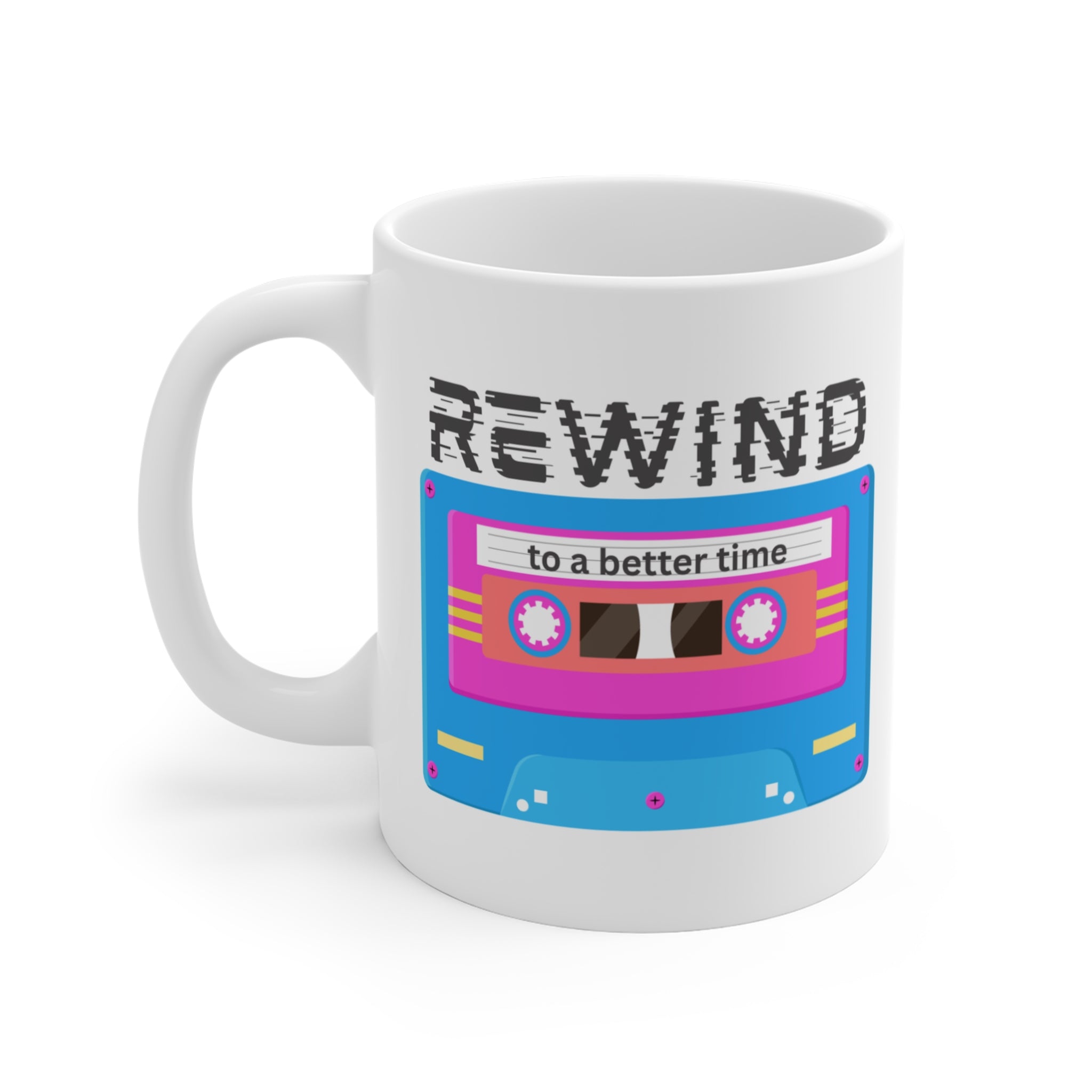 Rewind to a Better Time 80s Inspired Cassette Mug; Turquoise Blue, Pink, & Gold; 11oz