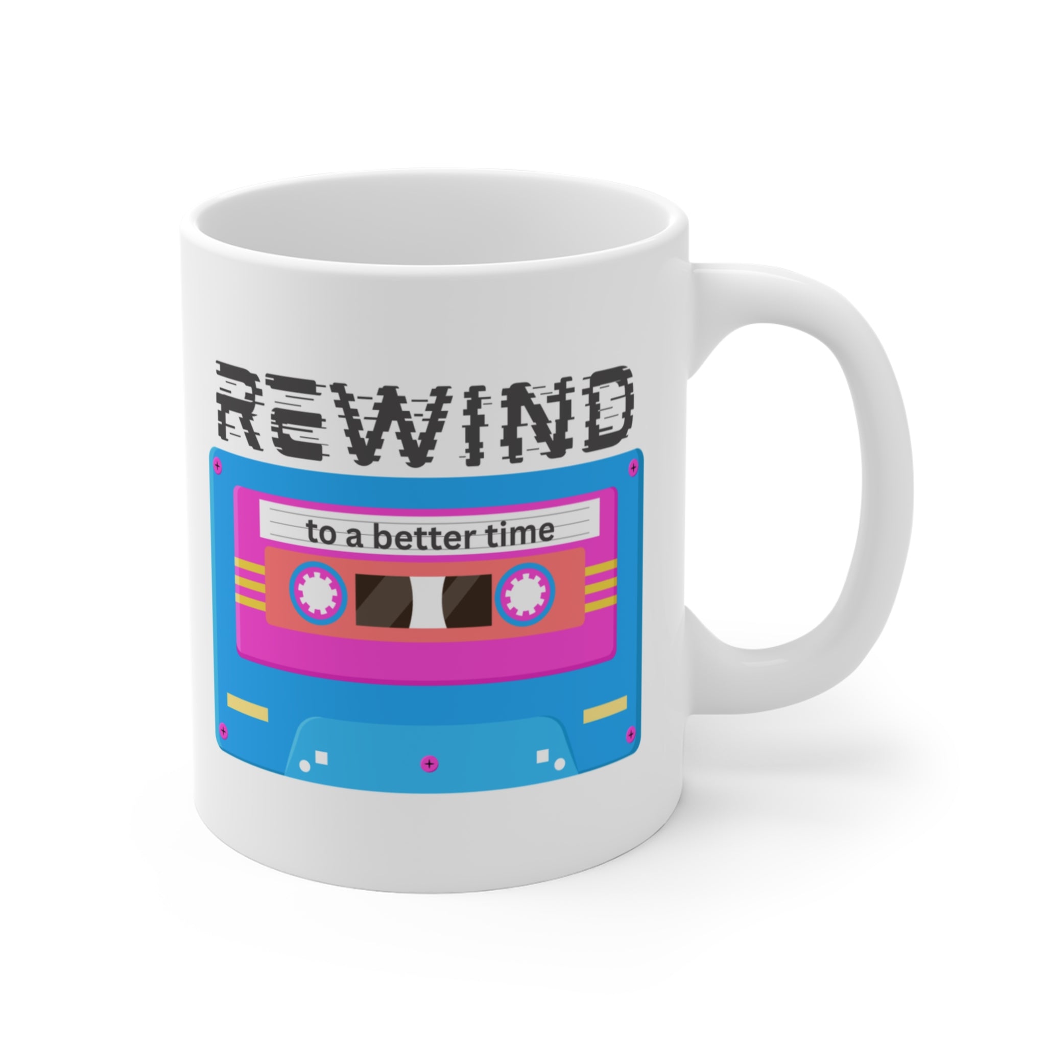 Rewind to a Better Time 80s Inspired Cassette Mug; Turquoise Blue, Pink, & Gold; 11oz