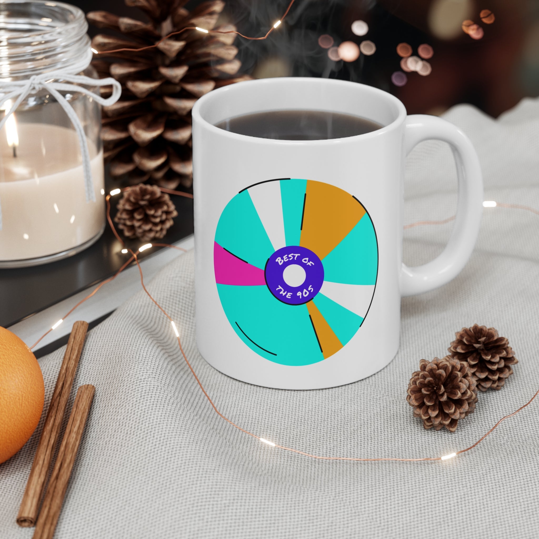 Best of 90s CD Mug; Turquoise Blue, Pink, & Gold; 11oz