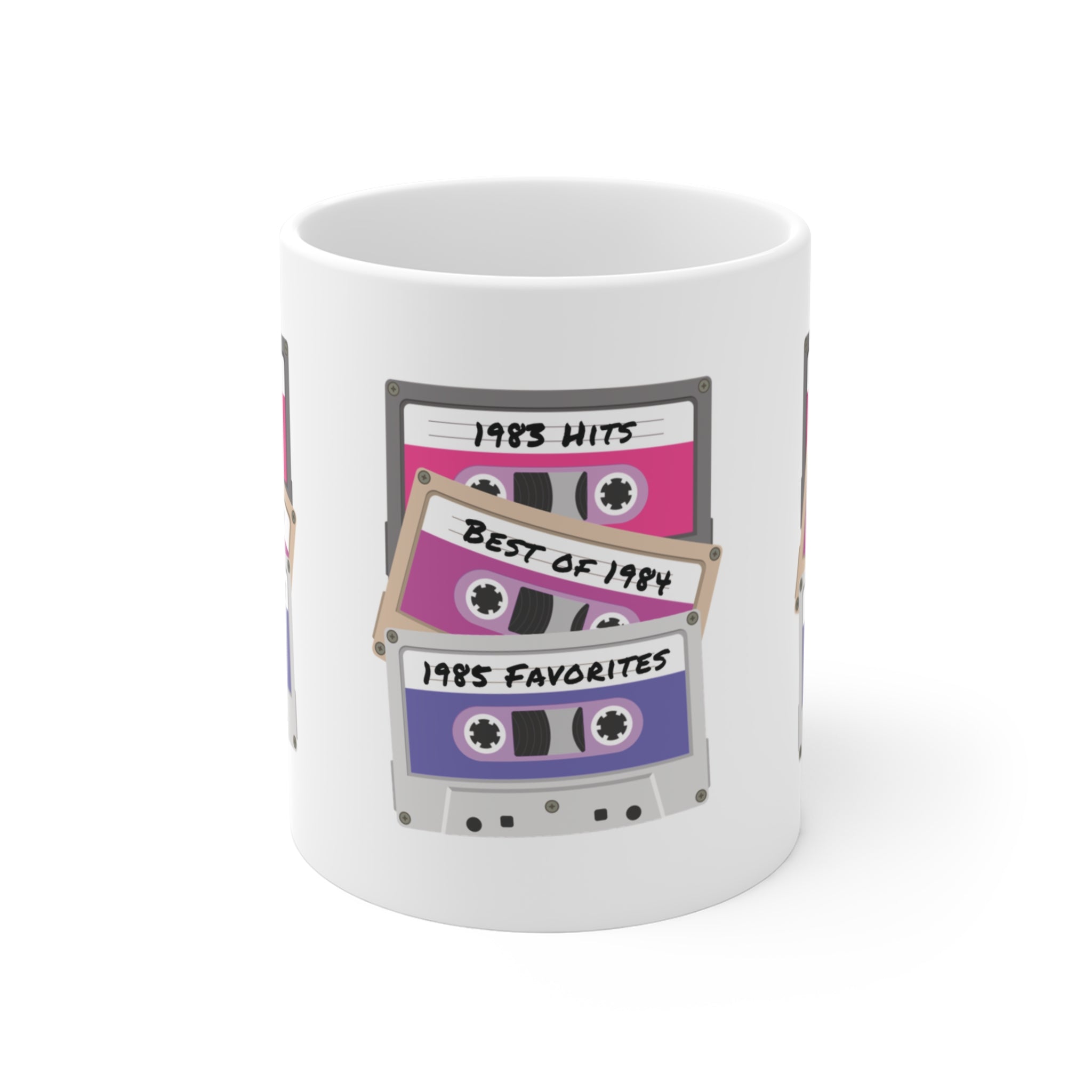 Cassette Tapes Mug; 1983, 1984, & 1985 Theme; Purple & Pink, 11oz