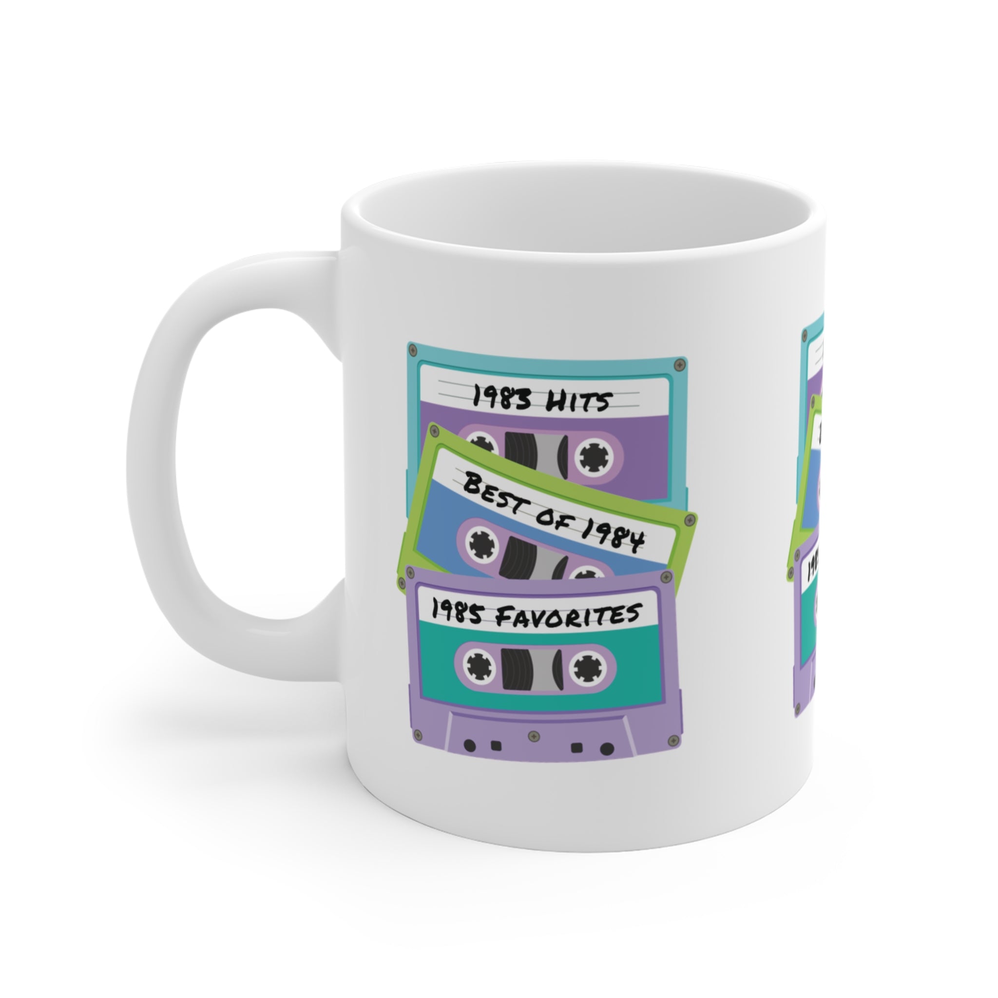 Cassette Tapes Mug; 1983, 1984, & 1985 Theme; Purple, Blue, & Green, 11oz
