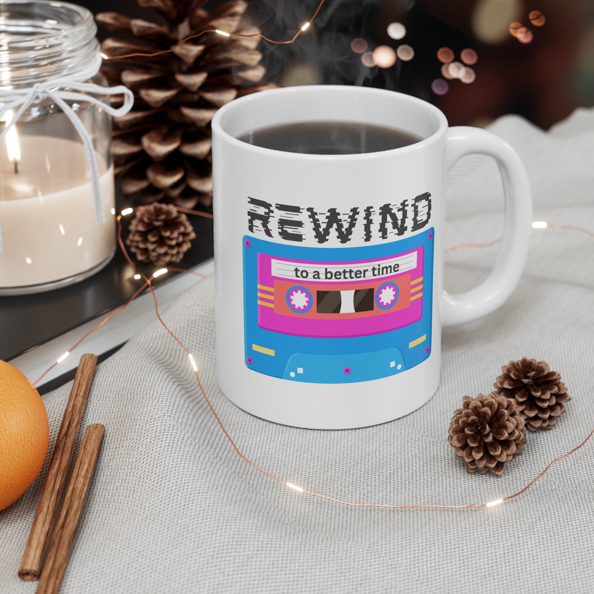 Rewind to a Better Time 80s Inspired Cassette Mug; Turquoise Blue, Pink, & Gold; 11oz