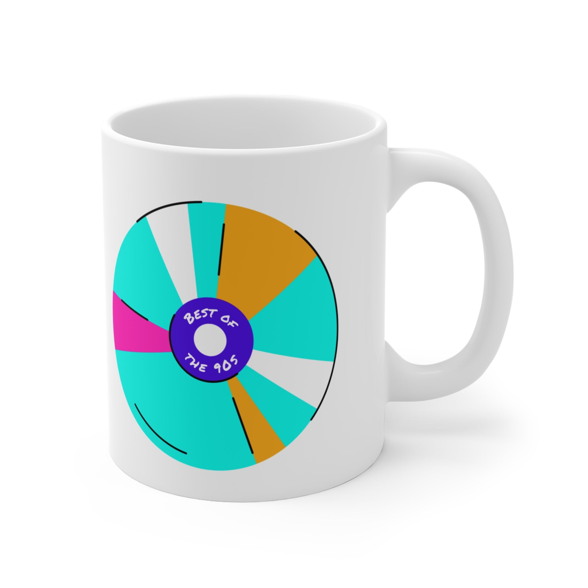 Best of 90s CD Mug; Turquoise Blue, Pink, & Gold; 11oz