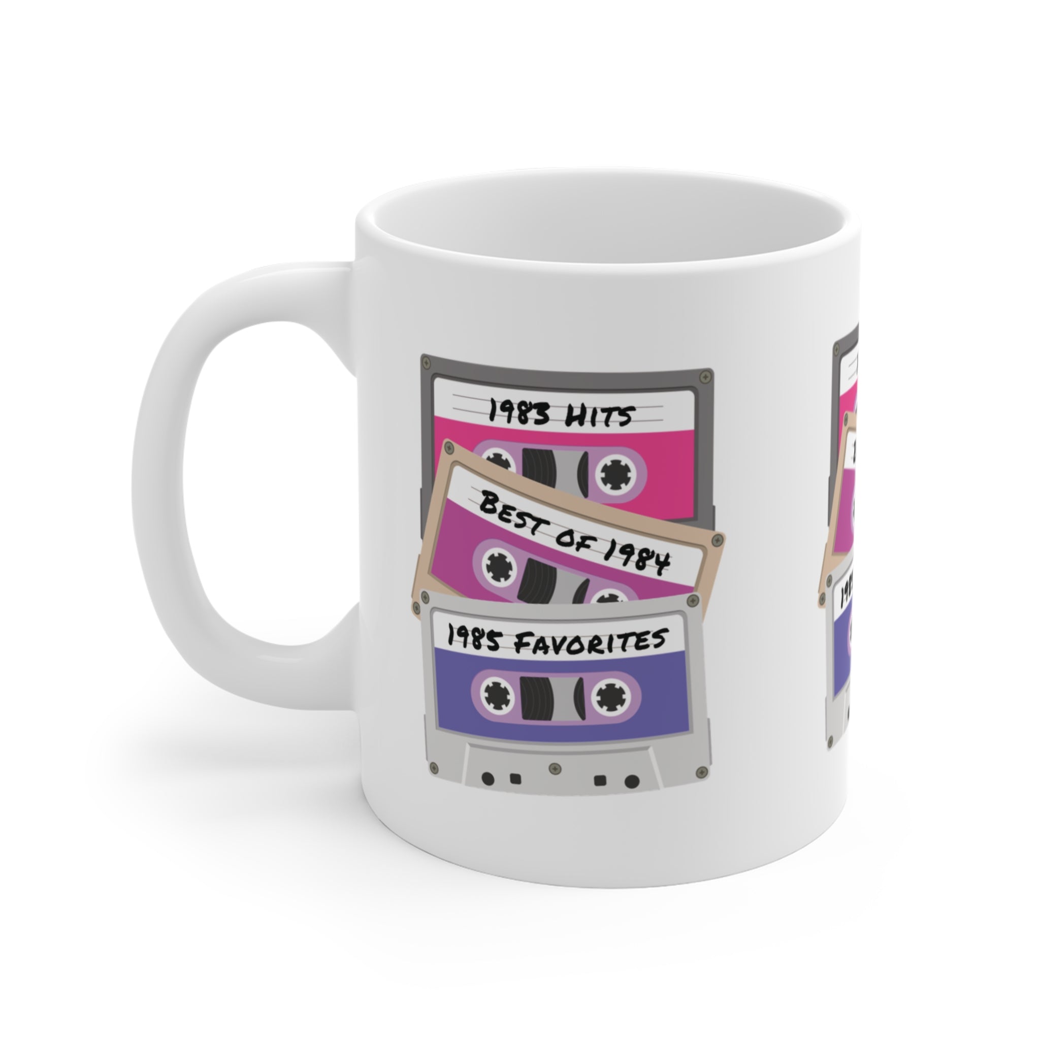 Cassette Tapes Mug; 1983, 1984, & 1985 Theme; Purple & Pink, 11oz