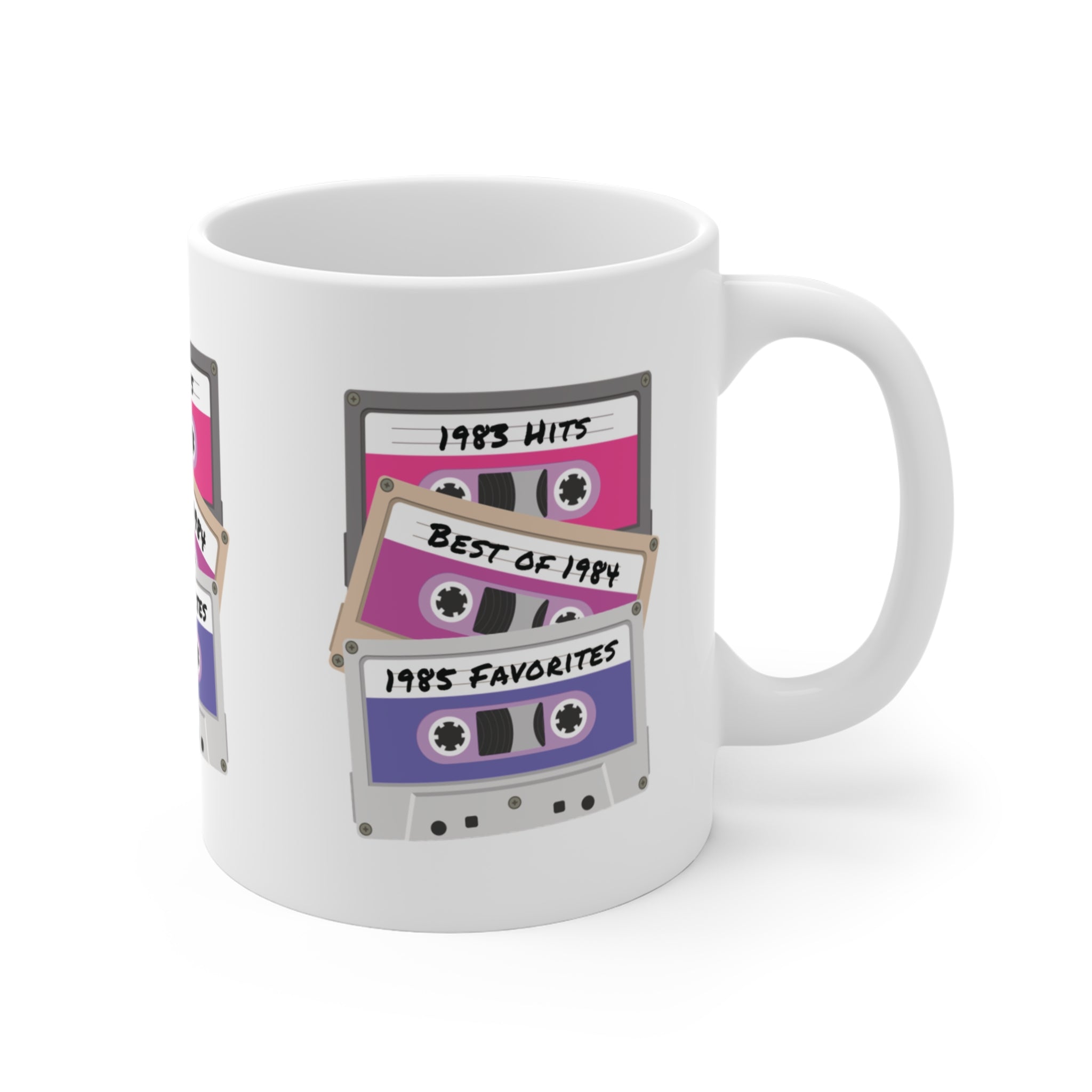 Cassette Tapes Mug; 1983, 1984, & 1985 Theme; Purple & Pink, 11oz