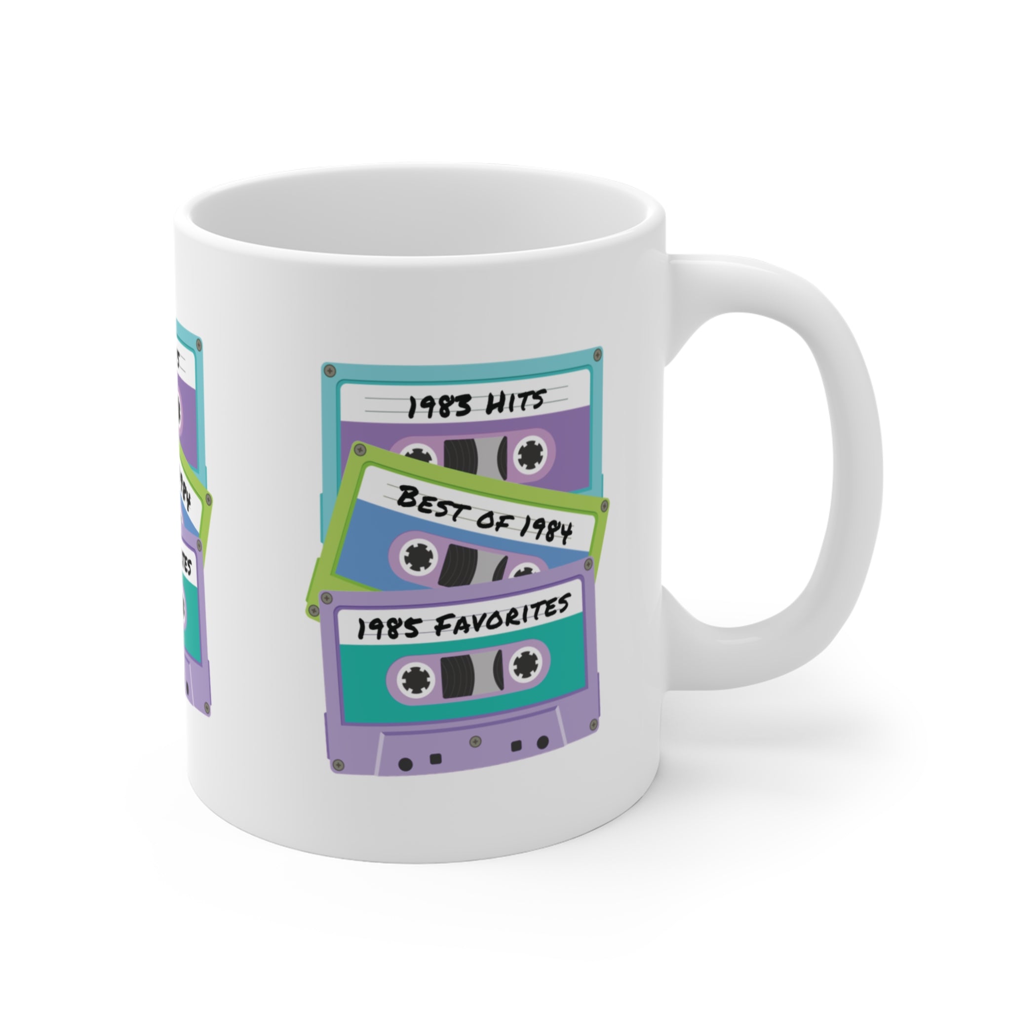 Cassette Tapes Mug; 1983, 1984, & 1985 Theme; Purple, Blue, & Green, 11oz